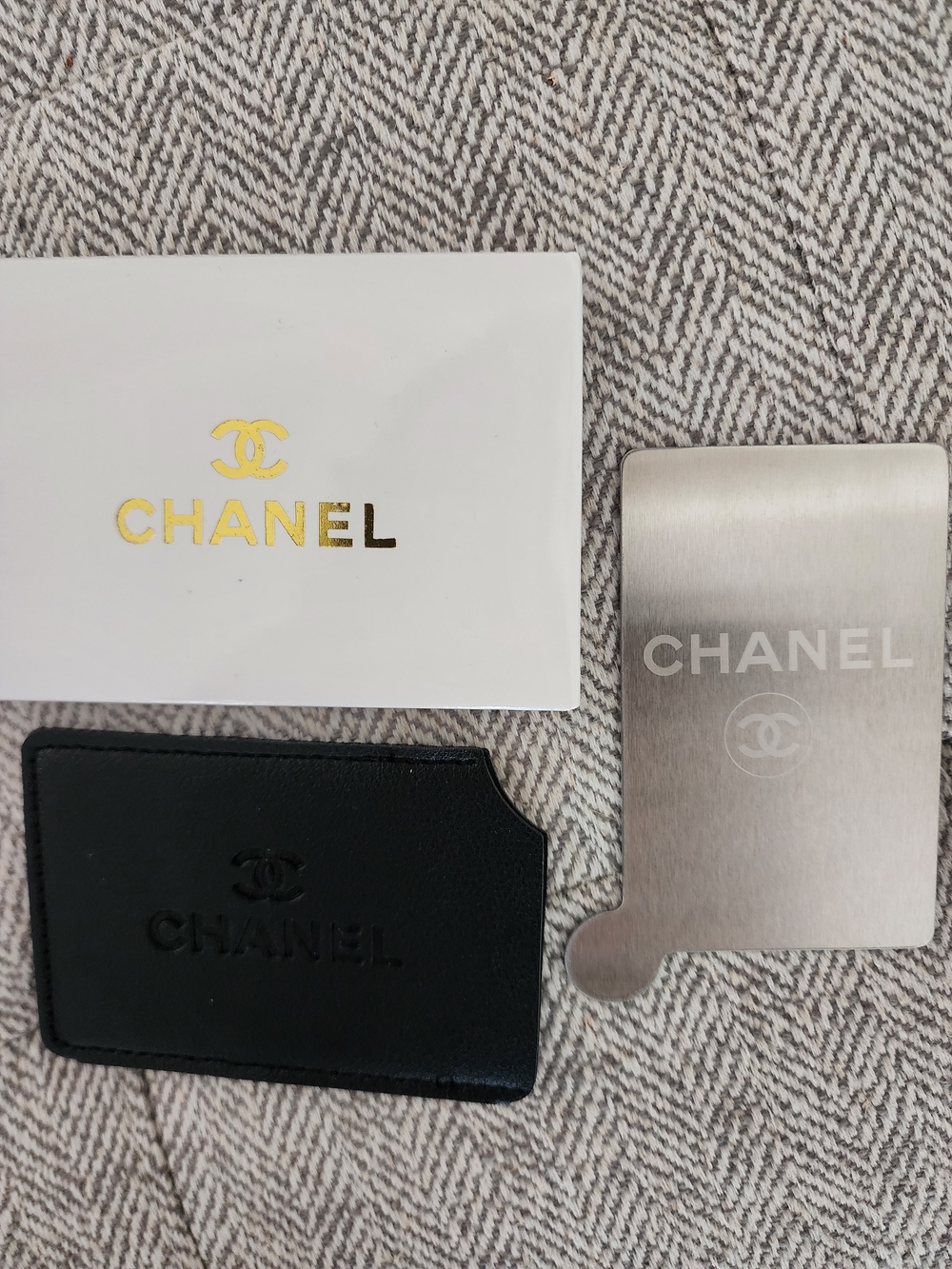 CHANEL Black Leather Card/ Gift Card Holder with Silver Metal Card